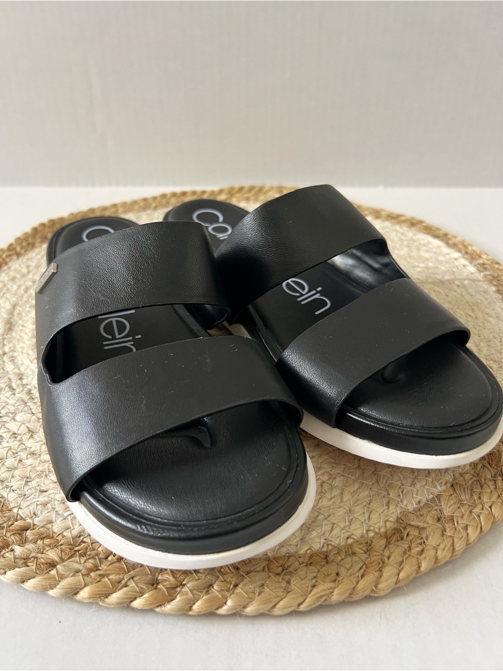 Calvin Klein Black Leather Slide Sandals